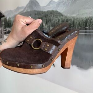 Vintage Ralph Lauren Brown Leather Platform Clogs Heels